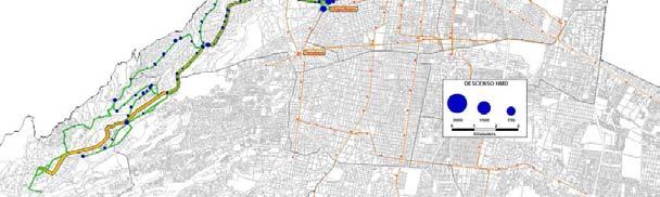 Figura 51. Principales zonas de descenso de la red de transporte conformada por los trece ramales significativos en el Corredor Reforma. (HMD 7:45-8:45 horas).