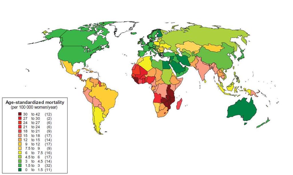 Mortalidad por CaCU estandarizada por edad Tasas de mortalidad por CaCU, por país, estimadas para el 2008 (por 100,000 mujeres-año). Se observan 15 categorías de incremento de tasas en pasos de 1.