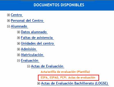 Fig. 22 Árbol de documentos disponibles. En la pantalla de parámetros de nombre <ESPA, ESPAD, PCPI.