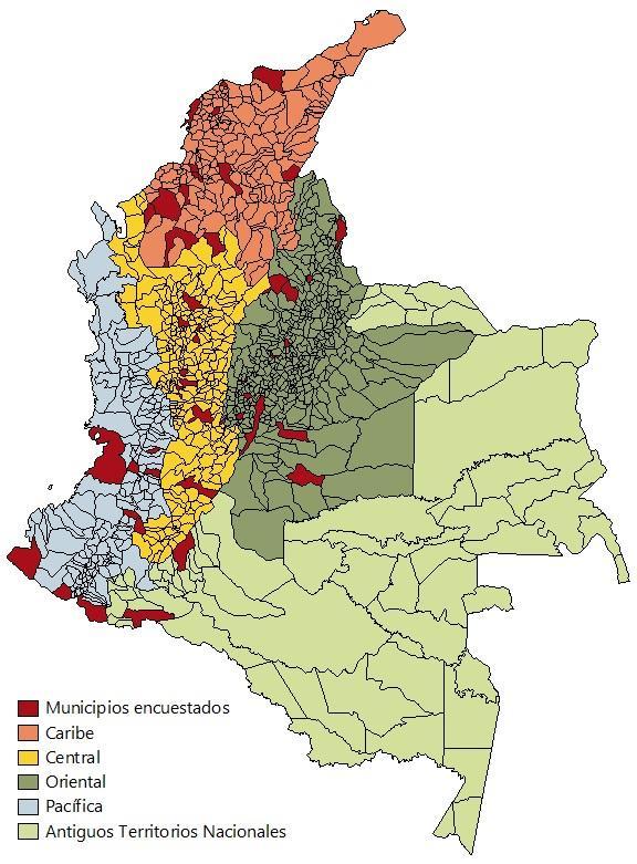 Cobertura geográfica Muestra nacional en Colombia (2004 2016) 47 municipios en las 6 regiones ~1500 encuestas/muestra Entrevistas cara a cara Muestras representativas de
