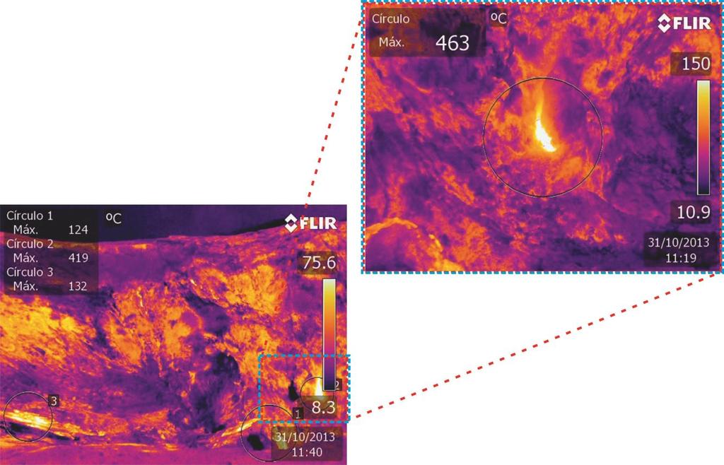 Figura 4: Detalle de una de las anomalías térmicas que se presentan en la pared Noreste del cráter activo.