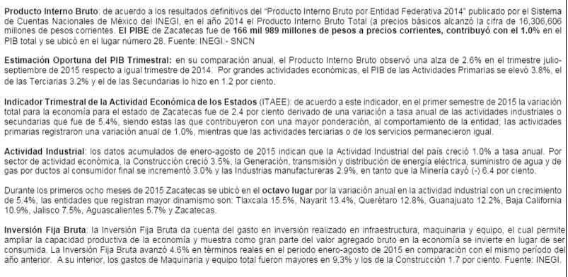 2. Panorama Económico y Financiero De acuerdo con información oficial de la Secretaria de Economía del estado de Zacatecas se
