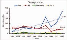 No obstante, cuando se analizó el comportamiento de la anidación por cayos, se comprobó que solo en Cayo Real el número de nidos de tortuga verde crece significativamente (p<0,05); mientras, en Cayo