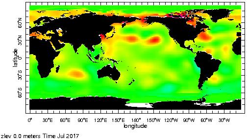 La anomalía del contenido calórico de la parte superior del océano aumentó durante junio y julio, reflejando temperaturas sobre el promedio en la sub superficie a través del centro y este del