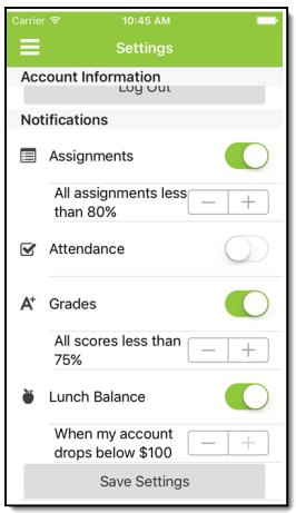 Notificación de Umbrales Distrito Escolar del Condado de Clark Los umbrales pueden ser establecidos para notificaciones sobre tareas, calificaciones y el balance para el almuerzo.