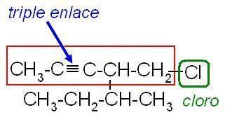 1. Seleccione la cadena continua de carbonos más larga que incluya los carbonos unidos por triple enlace y los que estén enlazados a un grupo funcional,