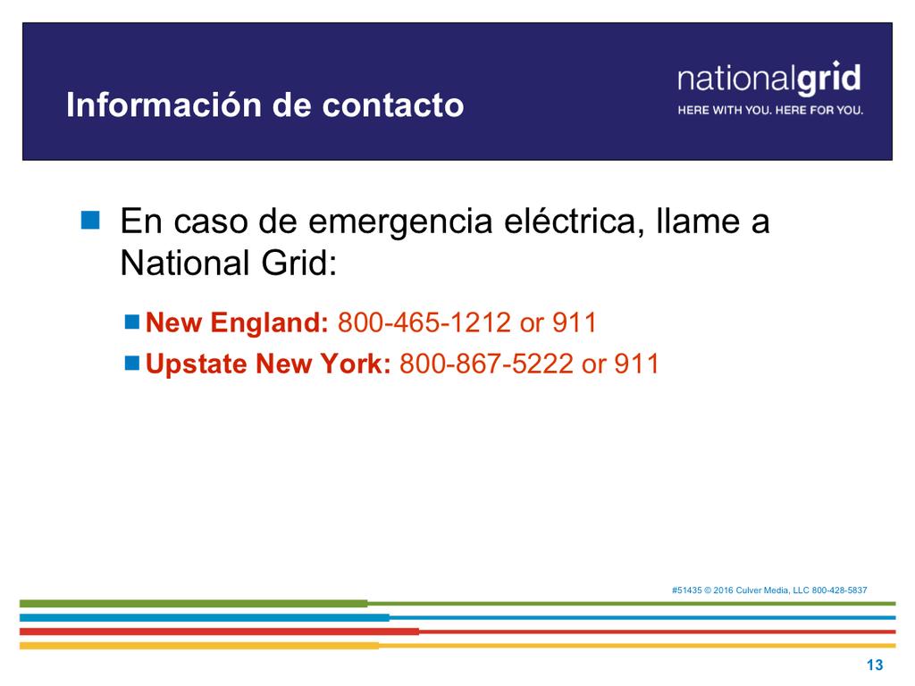En caso de emergencia eléctrica, llame a National Grid: o New