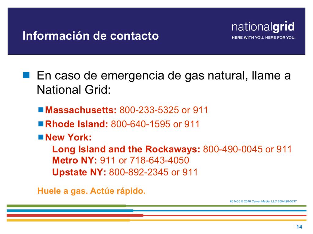 En caso de emergencia de gas natural, llame a National Grid: Massachusetts: 800-233-5325 or 911 Rhode Island: 800-640-1595 or 911 New York: o