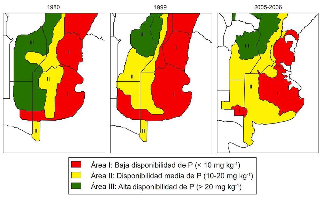 Distribución de promedio de concentración de P-Bray I (Bray y Kurtz, 1945) en suelos de aptitud agrícola de la región pampeana en 1980