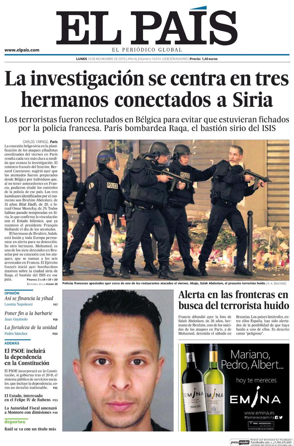 16/11/2015 Kiosko y Más El País 16 nov. 2015 Page #1 http://lector.kioskoymas.