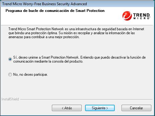 Guía de instalación de Trend Micro Worry-Free Business Security Advanced 6.0 17. Haga clic en Siguiente. Aparecerá la pantalla Trend Micro Smart Protection Network. ILUSTRACIÓN 3-15.