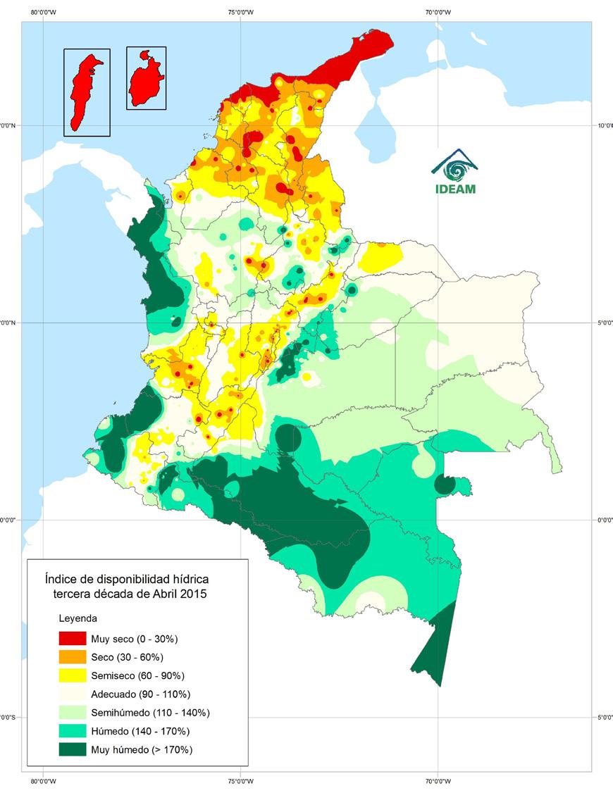 norte y oriente de la Orinoquia. Mientras que las regiones Pacifica y Amazonía mantuvieron valores entre semihúmedos a muy húmedos (tonalidades de verde). (Mapa 2).