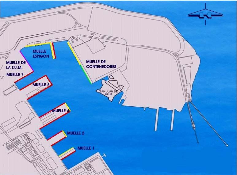 Respecto a la zona de muelles y áreas de agua del puerto, se tiene la siguiente infraestructura: 6 Muelles en espigón que son el muelle fiscal No.