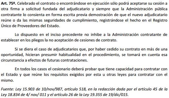 Cesión de contrato En el TOCAF la cesión de contrato está regulada por el artículo 75, el cual indica: No está habilitado el ajuste si: El estado del procedimiento es