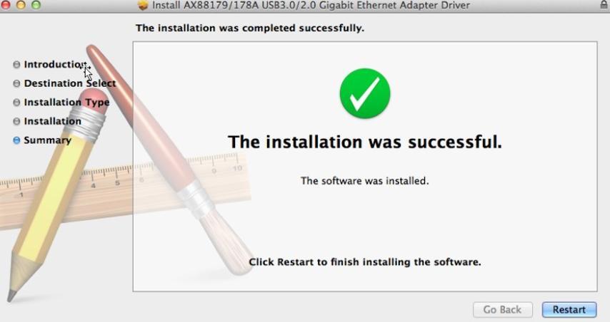6. Haga clic en Reiniciar para reiniciar su sistema Mac OSX y finalizar la instalación. 7.