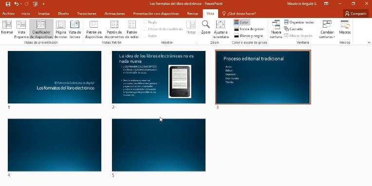Guía de Microsoft Word 06 Vista Clasificador de diapositivas: Use esta vista para ver el orden de las diapositivas o para