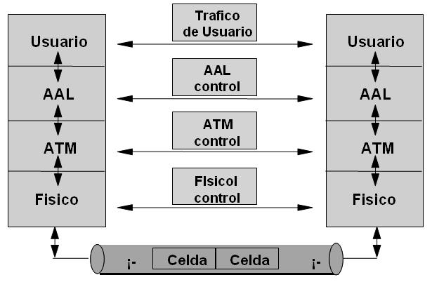 Figura 18 Arquitectura del protocolo ATM Las celdas son transmitidas seriamente y se propagan en estricta secuencia numérica a través de la red.