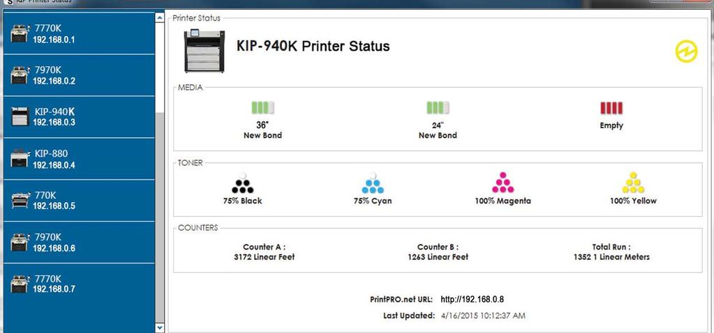 Detalles de la impresora, estado de la impresora de KIP Características principales del estado de la impresora/snmp de KIP Comunicación de SNMP a la impresora KIP Aplicación de PC Sistemas operativos