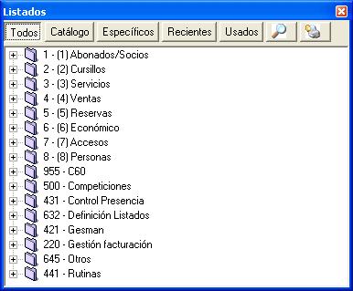 Ventana de listados En Deporwin (y otros programas, como Reserwin) desde cualquier pantalla se puede acceder a todo el catálogo y todos los listados desde el botón Listados : Esta es la pantalla que