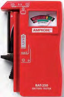 Comprobador de baterías BAT-250 El comprobador de baterías BAT-250 de Amprobe está diseñado para tomar medidas de baterías en forma confiable y cómoda, con una sola mano.