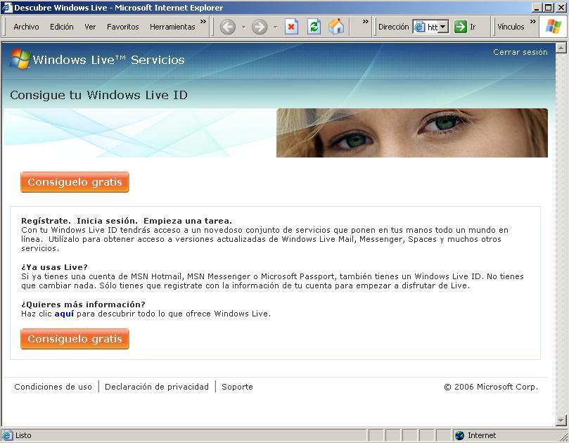 II.- Obtención de una cuenta Windows Live ID 1. En la nueva ventana del explorador, de clic sobre el botón Consíguelo Gratis. 1. clic sobre el botón Consíguelo Gratis 2.