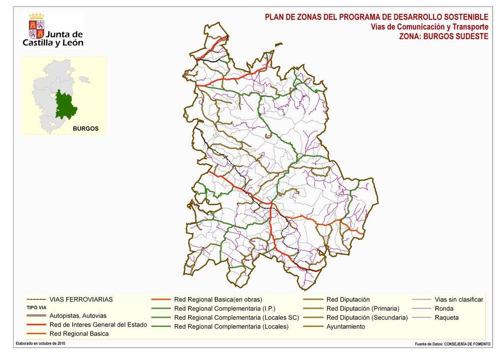 La zona rural Burgos Sudeste dispone de un entramado de carreteras compuesto por: red de interés general del Estado, red provincial (o de la Diputación), red regional básica, red regional