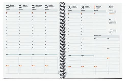 Anualidad semana a la vista o día por página, calendarios 3 años, planning mensual, hoja de datos