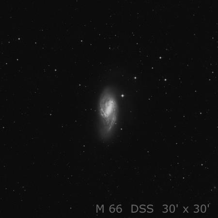 M 66 (NGC 3627) Galaxia espiral Mag.: 8,9 B. superf.: Tamaño: 9 x 4 Distancia: 37 millones al. Constelación: Leo Coordenadas: AR 11h21m 02.7s DE +12º 54 20.
