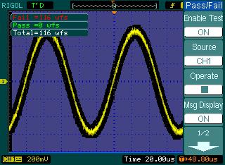 Ejemplo 9: Test de Pasa/No Pasa Cuando se ejecuta esta función, el osciloscopio automáticamente examina la señal de entrada, comparándola con una máscara de forma de onda ya creada.