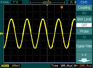 1. Acoplamiento del canal Vamos a usar por ejemplo el CH1, introduzca una señal senoidal con una componente DC Pulse CH1->Coupling->AC para poner el acoplamiento de CH1 como AC.
