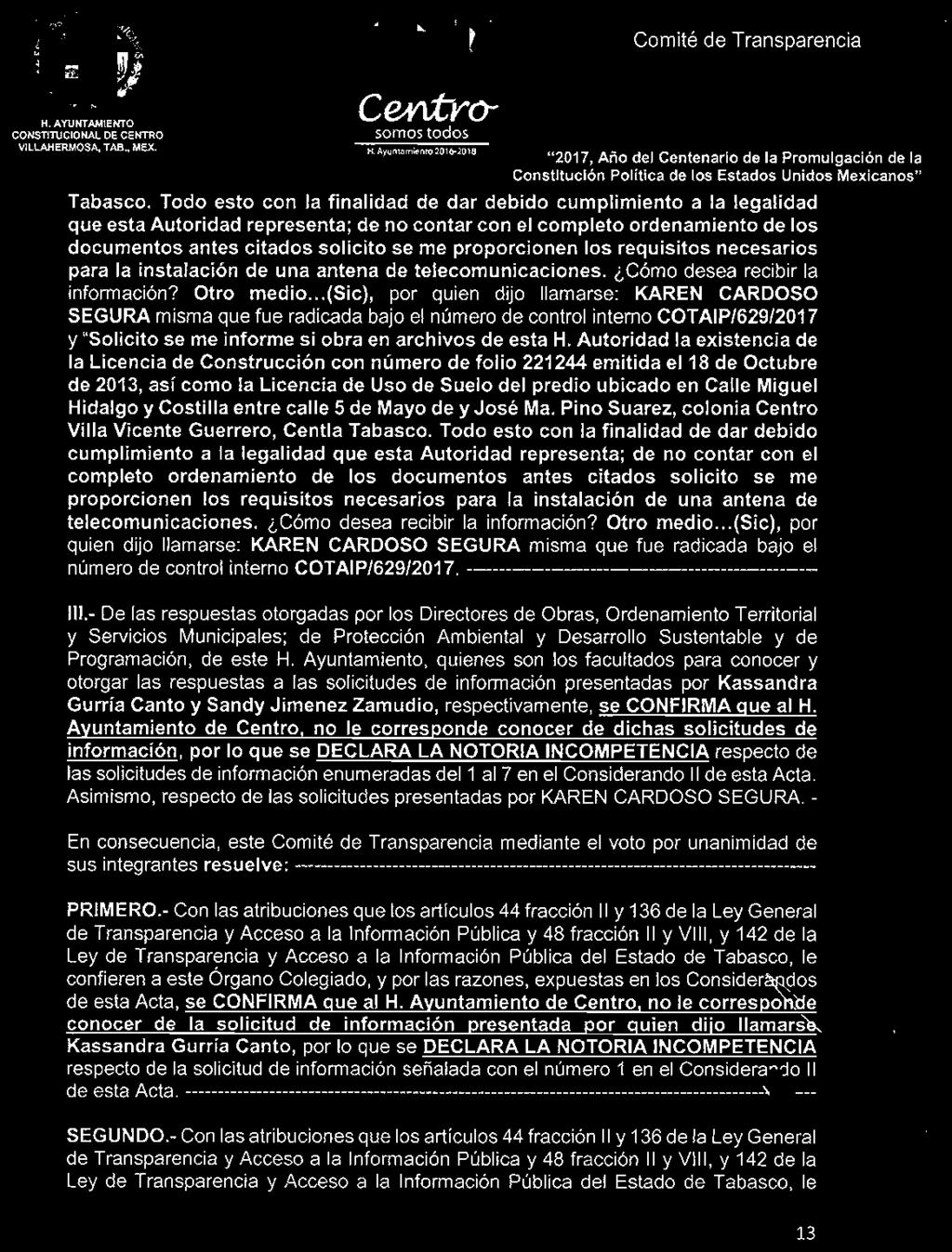 M. AYUNTAMIENTO VILLAHERMOSA, TAB, MEX. Centrosomos SOTTIOS todos toqos HíyvmSmie 301«.iIim "2017, Año del Centenario de la Promulgación de la Tabasco.