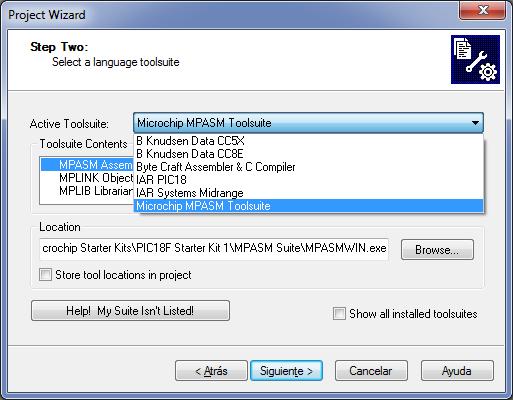 Después se escoge la herramienta de compilación, Microsoft MPASM Toolsiute