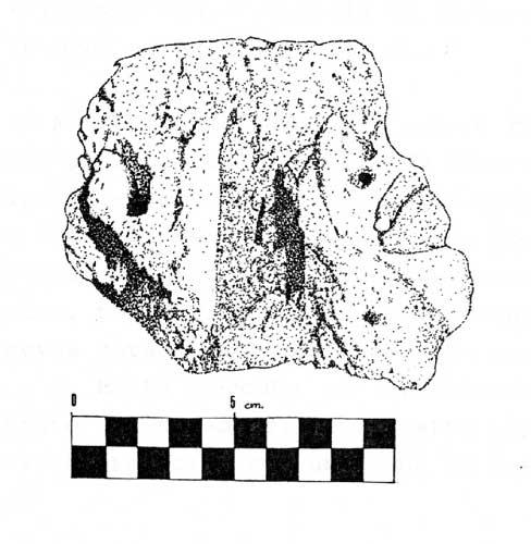 Fragmento de decoración vegetal, no pudiendo afirmar que pertenezca a un capitel, debido a que solamente se distingue en el fragmento un lóbulo de una hoja y dos huecos realizados a trépano.