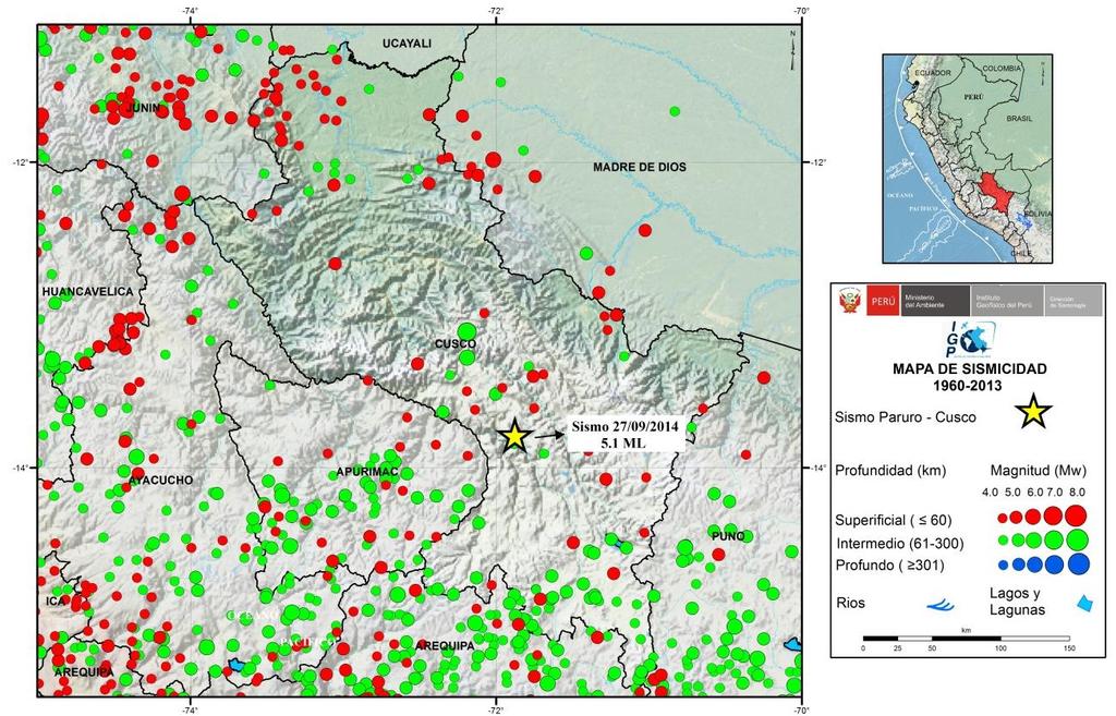 Figura 3: Distribución espacial de la actividad sísmica presente en la región del Cusco entre los años 20