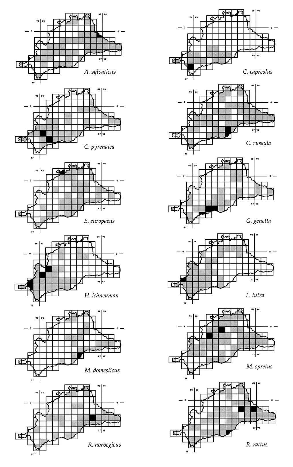Determinación de áreas probables de distribución Figura 3. Especies con área de distribución probable mayor que el área de distribución registrada.