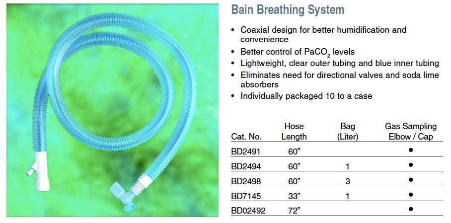 CIRCUITO DE ANESTESIA Circuito Bainpara anestesia CÓDIGO BD2494 Medida: Adulto Diseñocoaxial para mejor humidificación. Incluye bolsa de 3 litros.