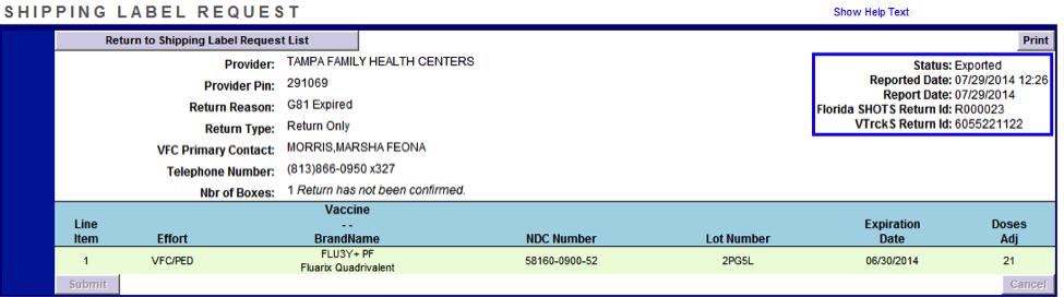 El status cambió ahora a Pending Export. Todas las noches la oficina del programa VFC exportará sus pedidos de retorno hacia el CDC.