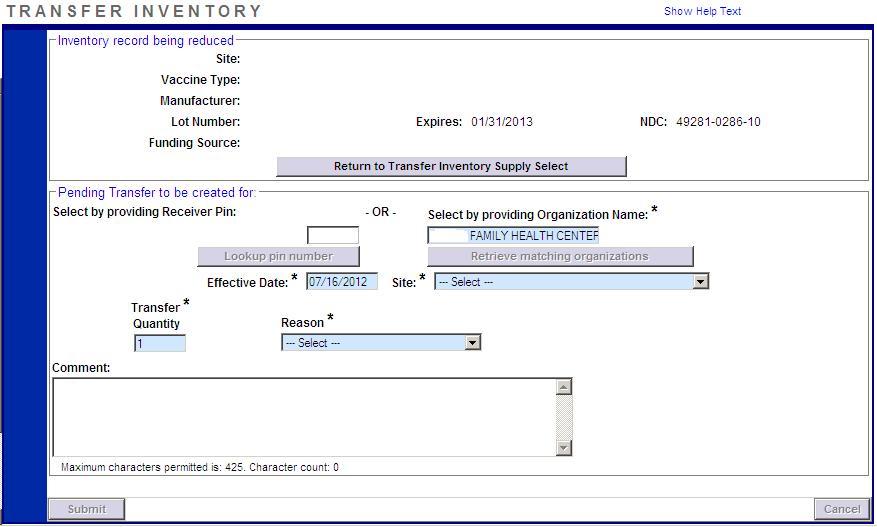 Cada registro de inventario VFC en la lista Transfer Inventory Supply Select mostrará la siguiente información: Categoría de la vacuna (Vaccine Category) Nombre genérico utilizado para agrupar
