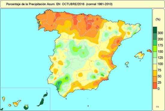 Imagen 2: Porcentaje de la precipitación en España, octubre de 2016.