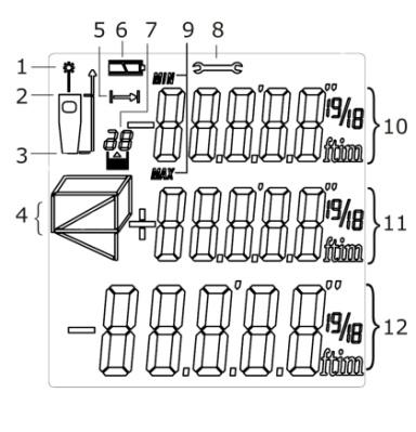 Descripción del medidor Panel frontal 1. Puntero láser 2. Haz láser de prueba 2 1 3. Área de pantalla LCD 4. Teclado (descrito abajo) 3 5.
