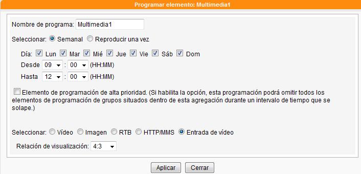 MANUAL DEL USUARIO 6-3-4 Agregar programa - entrada de vídeo También puede mostrar la señal de entrada de vídeo. Seleccione Entrada de vídeo como tipo de contenido multimedia.