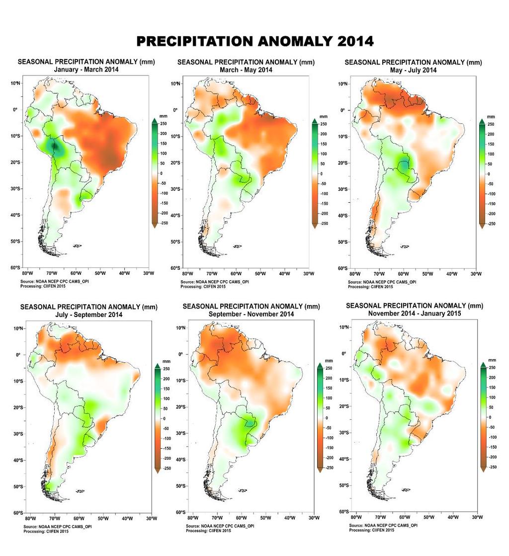 Anomalías de precipitación en 2014 La Zona de Confluencia Intertropical estuvo localizada más al sur que lo normal para la estación de mediados de año Déficit de precipitación y sequía en el norte de