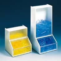 Recipientes Bolsas para eliminación V Cajas distribuidoras PMMA, blancas y claras. Disponibles en dos tamaños.