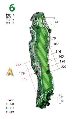Green protected with 3 bunkers and hazard at the end as well as on the sides. An iron 4 has to be used as it is better to be long than short because the ball could jump to the left towards hazard.
