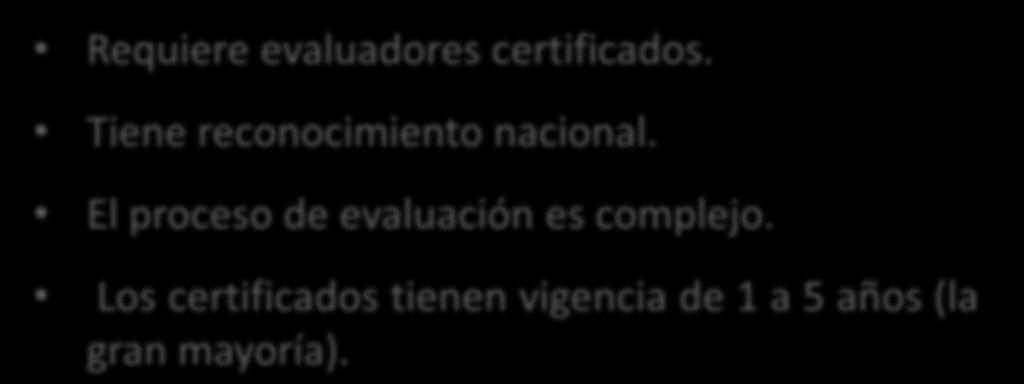 Características Requiere evaluadores certificados. Tiene reconocimiento nacional.