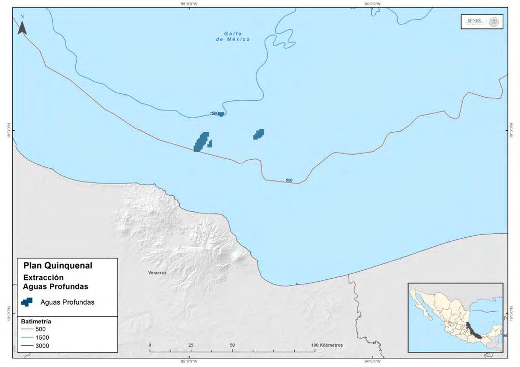 6.2.1. Aguas profundas Los campos para la extracción de hidrocarburos en aguas profundas se ubican a una distancia de 30 a 60 km de la línea de costa y cuentan con un volumen en sitio de 500.