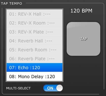 6.2 TAP TEMPO La sección Tap Tempo del modo Utility permite especificar los valores de BPM de los efectos de la consola que incluyen parámetros de BPM.