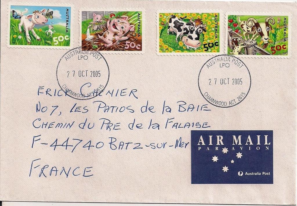2005 Octubre 27 : Animales de la finca, auto aderibles (Scott : 2434-2435), sobre carta enviada de Charnwood, A.C.T. a Batz-sur-Mer, Francia.