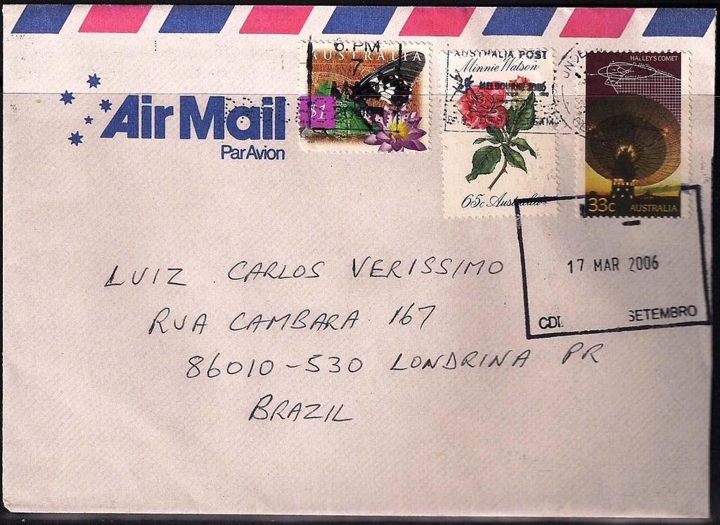 2006 Marzo 7 : Mariposas 1997 (Scott 1532), sobre carta de Brisbane, Queensland, a Londrina, Brasil