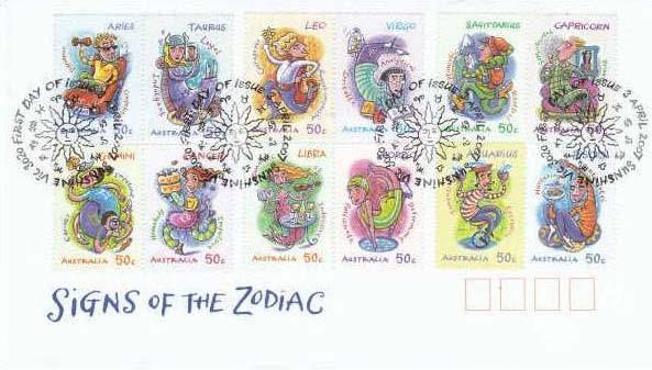 2007 Abril 3 : Zodiaco, gomados, perforados, 12 sellos en bloques de 4 sellos diferentes (Scott : 2642-2653), primer dia de